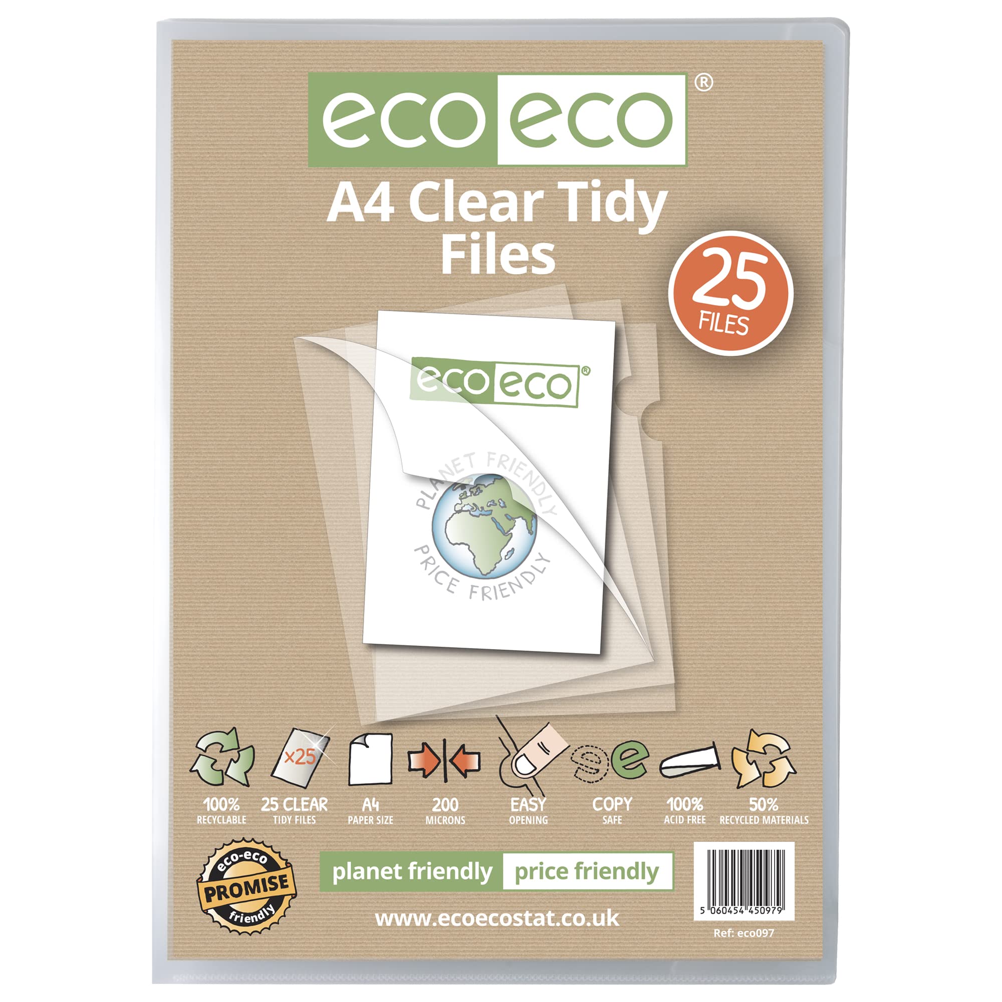 eco-eco A4 50% Recycled Bag 25 Tidy Report Files, 200 Micron Open Top & Side Covers File Wallets Clear Cut Flush, eco097