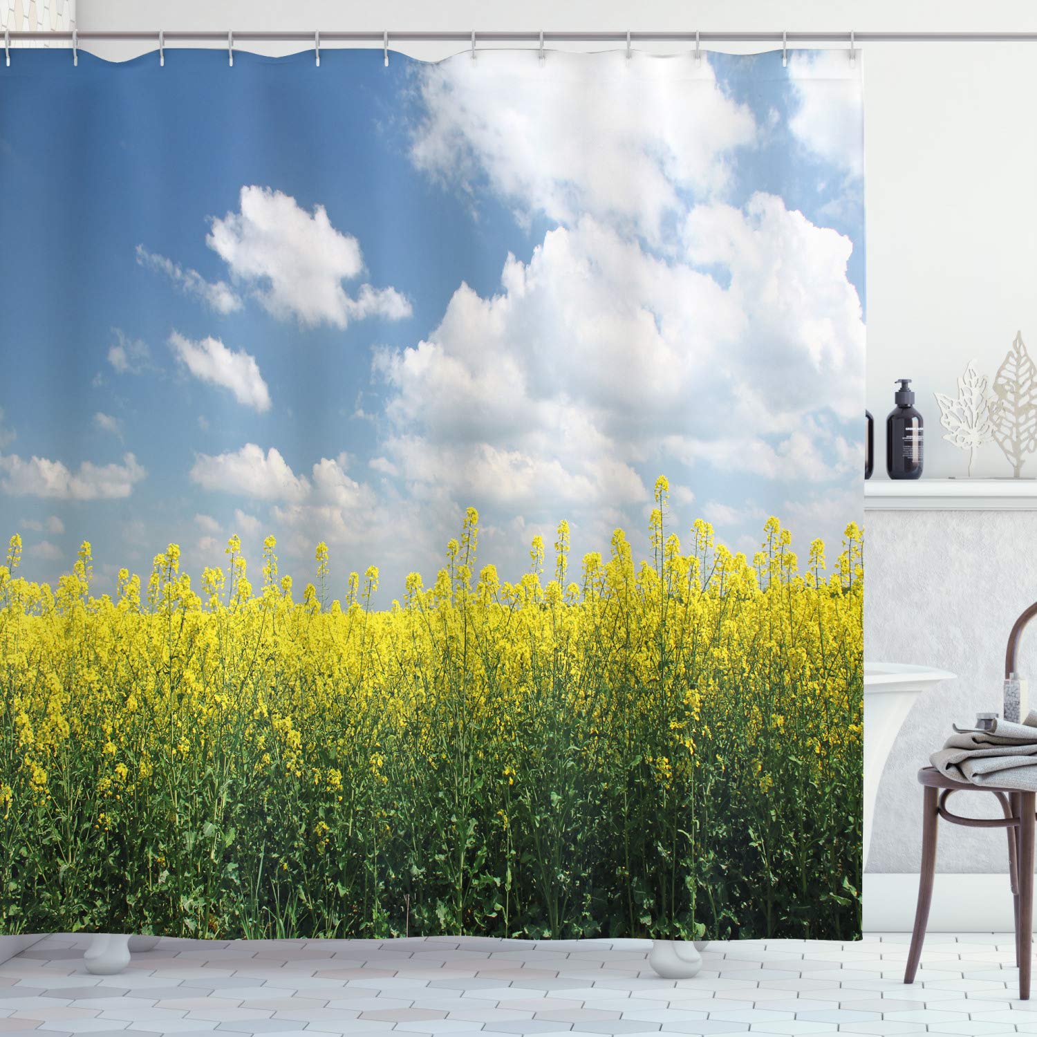 ABAKUHAUS Country Home Shower Curtain, Blooming Rapeseed Field and Clear Sky Clouds Saxony Germany Rustic Eco, Cloth Fabric Bathroom Decor Set with Hooks, 70 Inches, Yellow Green Blue