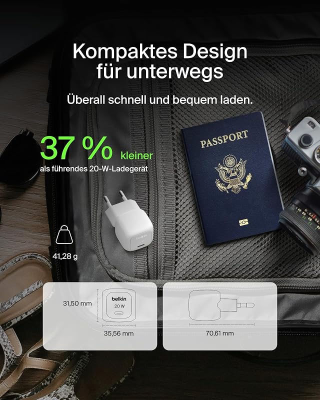 BoostCharge kompaktes Ladegerät (20 W), USB-C Power Delivery Schnellladegerät, USB C Netzteil für Apple iPhone 17, 16, Samsung Galaxy S25, iPad, AirPods usw., inklusive Typ C to C-Kabel – Weiß