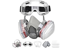 Tesoro Moda Respirator Mask for Spray Painting, Woodworking, Welding, Dust, and General Safety with Clear Eye Goggles, 10 Replacement Filters, Half Face Cover with Safety Glasses