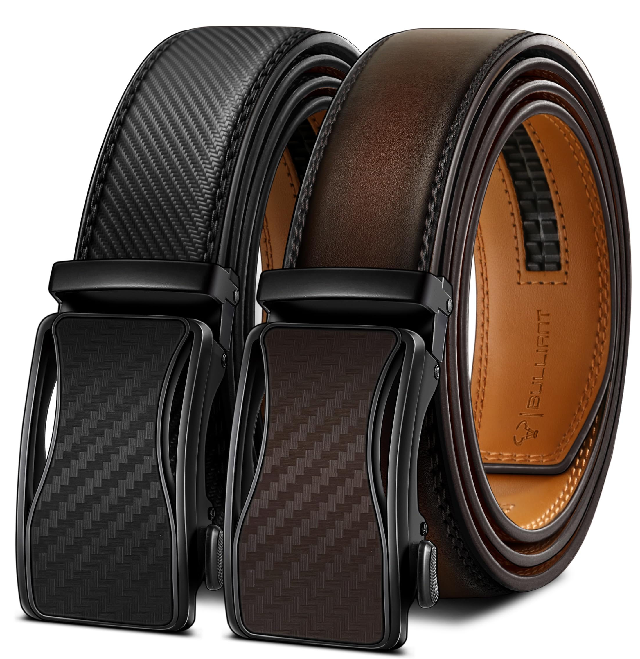 BULLIANT Men Belts 2 Pack,Ratchet Sliding Belt Adjustable For Gift Mens Dress Casual 1 3/8",Cut for Fit(Black/Deep Brown,48"-56" Waist Adjustable) Image