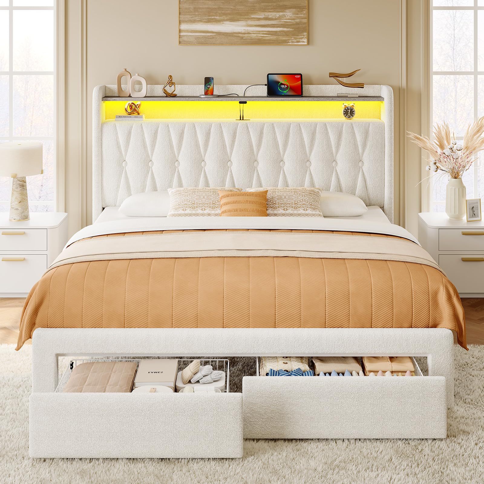 Photo 1 of Rolanstar Full Bed Frame with Drawers, Storage Headboard with Charging Station and LED Lights, Upholstered Bed with Heavy Duty Wood Slats, No Box Spring Needed, Noise Free, Easy Assembly, Beige