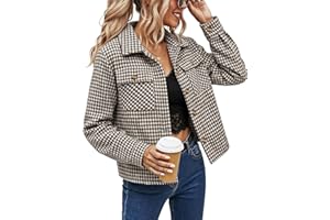 NILOINE Women's Cropped Plaid Shacket Jacket Long Sleeve Button Down Shirt Coat Tops with Pockets