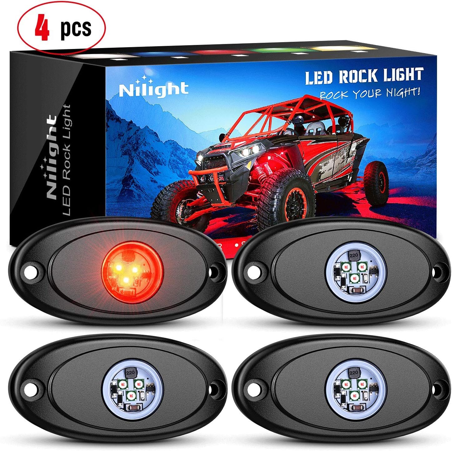 Nilight LED Rock Light 4PCS Red Light Pods Waterproof Under