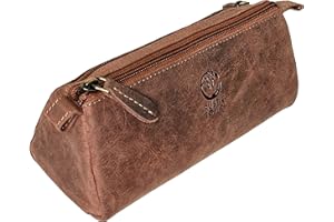 Rustic Town Leather Pencil Case - Full Grain Leather Zippered Pen Pouch - Stationery Bag Pen Holder for Work & Office