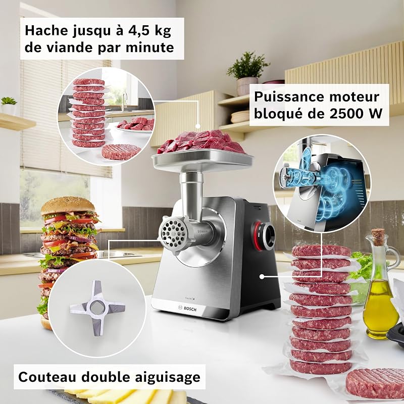 MultiPower Série 8, hachoir multifonction, puissance moteur bloqué 2500 W, hachoir à viande, râpe, accessoires saucisse et kebbe, noir, MFWS840M