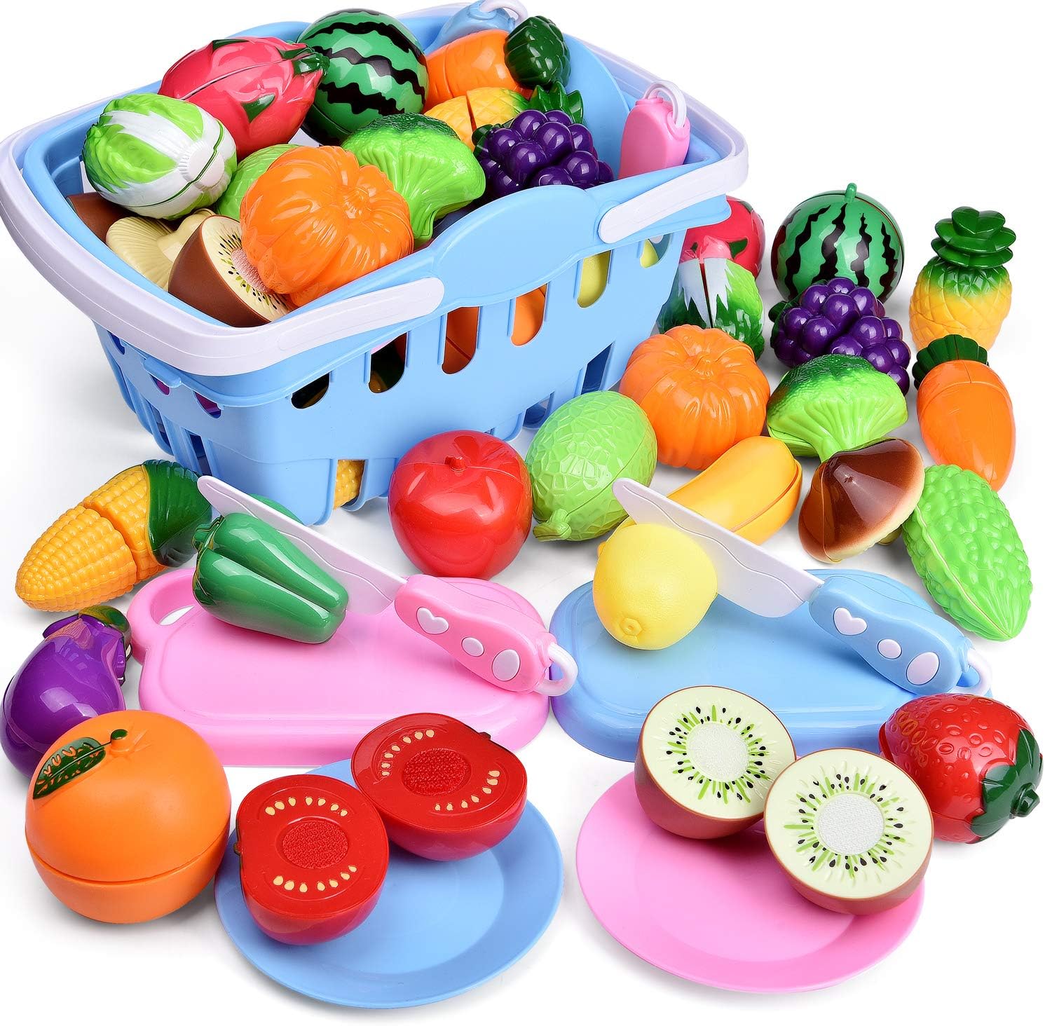 53 PCs Play Food for Kids Kitchen, Play Kitchen Accessories, Pretend Cutting Food Toys with Shopping Basket for Kids Birthday Gifts, Pretend Play