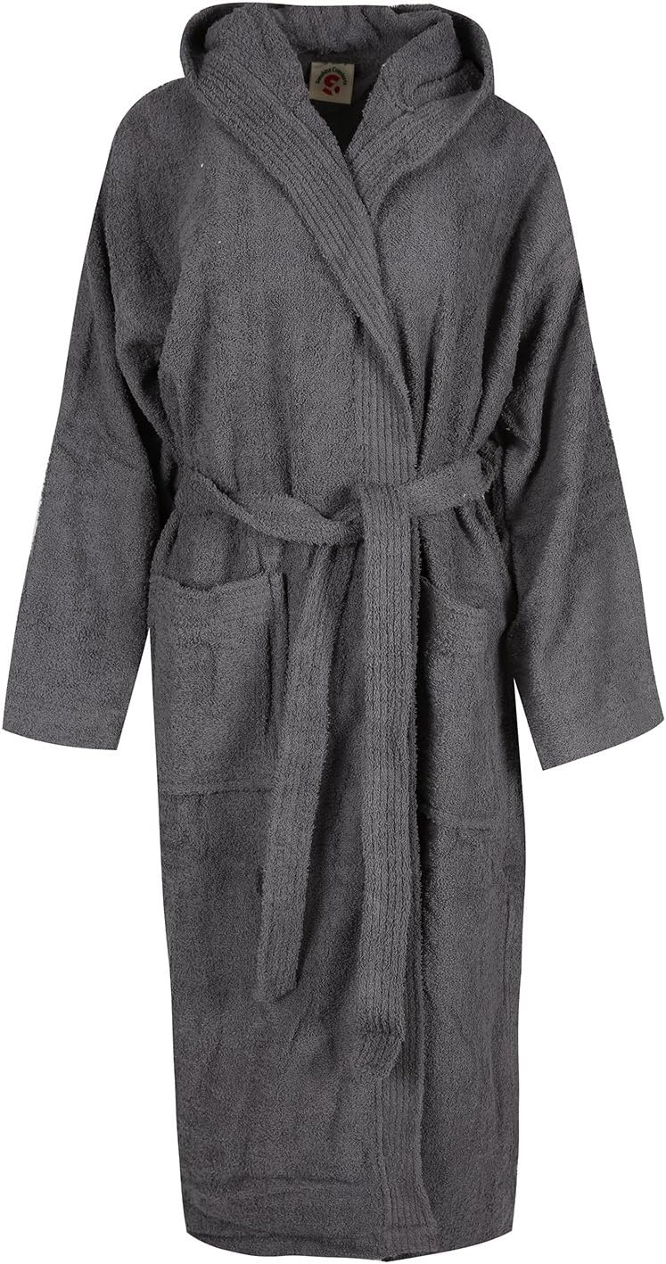Unisex 100% Egyptian Cotton Bathrobe Terry Towelling Hooded Dressing Gown ( Grey)