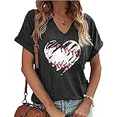 Baseball Mama Shirt Baseball Mom Tshirt Game Day V-Neck Short Sleeve Cheer Mom Heart Graphic Tees