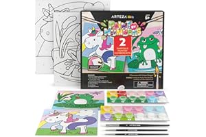 Arteza Kids Paint by Numbers Kit, 10" x 10", Pre-Printed Fairytale Canvas Painting Kit with 2 Canvases, 24 Acrylic Paint Pots, 3 Paintbrushes, Art Supplies for Developing Hand-Eye Coordination, Frog