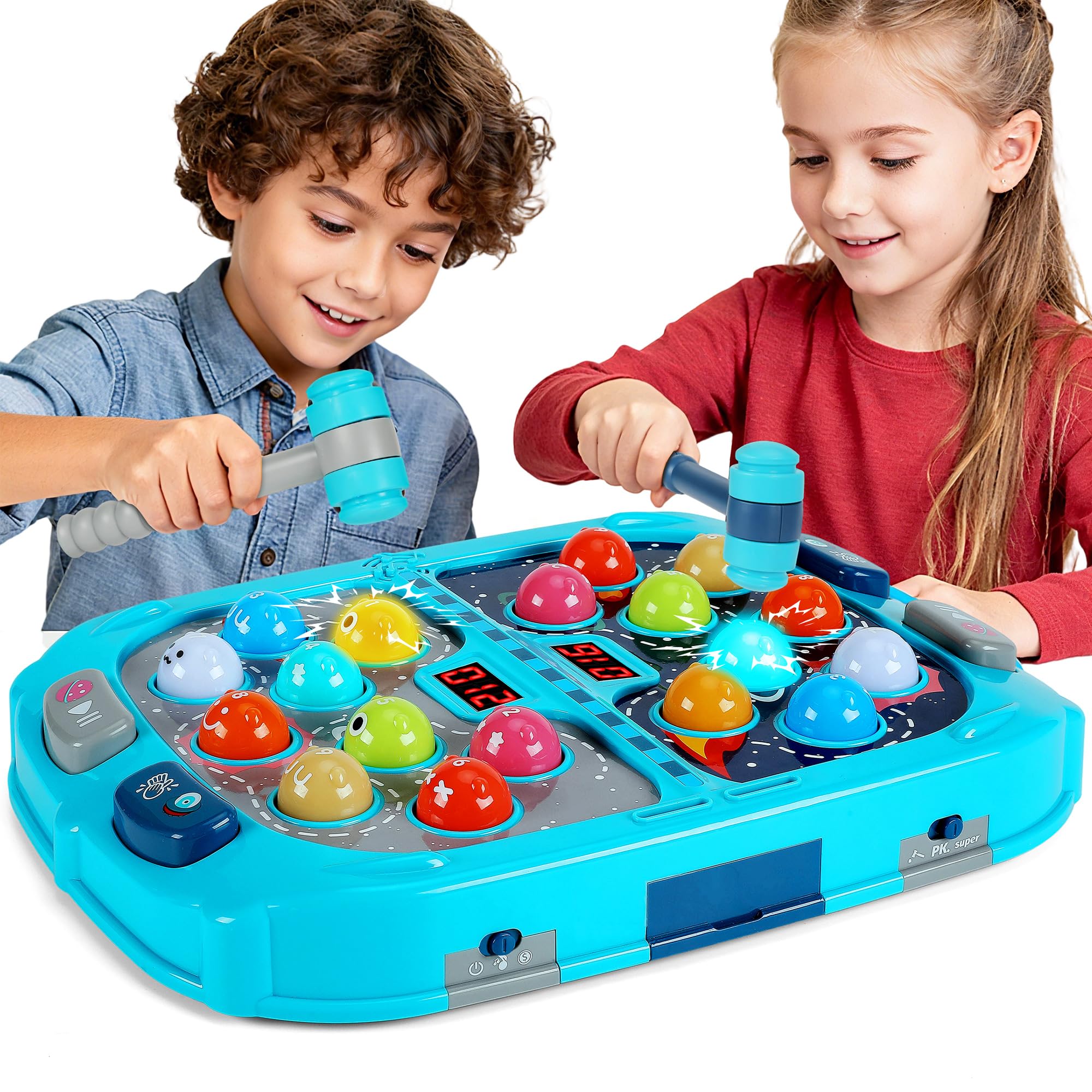 Guffawz Whack-a-Mole Game for Kids, Interactive Hammer Toy with Lights & Sounds, PK Mode with 2 Hammers, Educational Pounding Game for Kids Ages 3-8, Gifts for Boys & Girls(Blue)