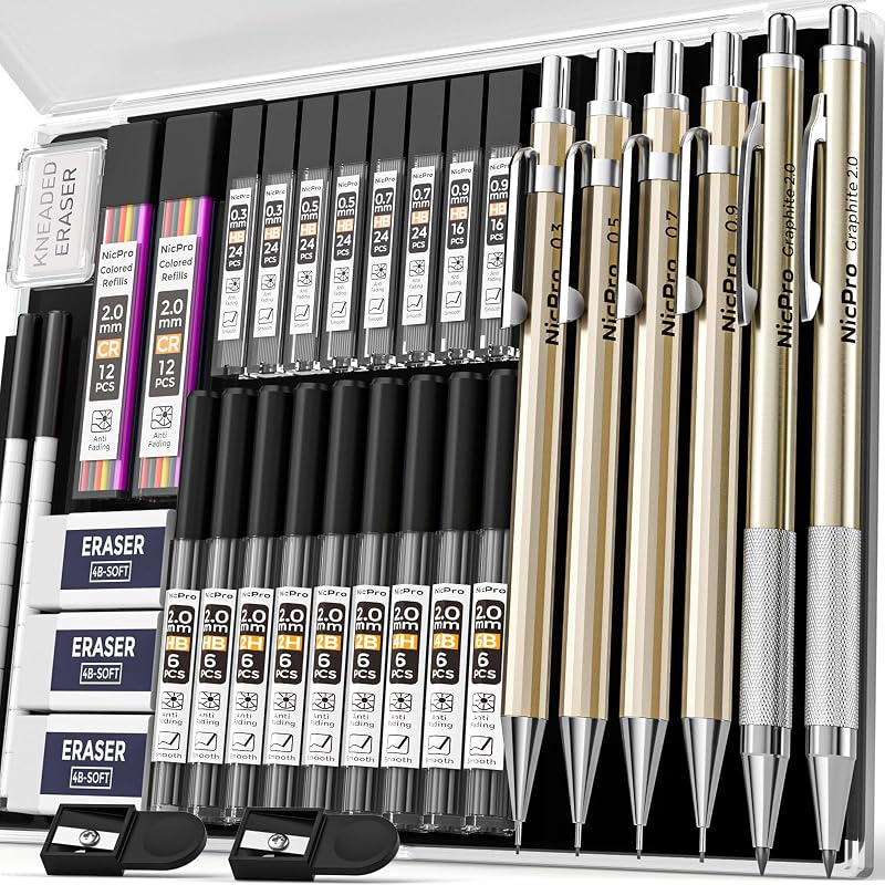 Nicpro 34-Piece Mechanical Pencil Set 0.3 0.5 0.7 0.9 mm with 2 mm Holders