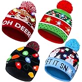 MGparty 4 Pack Christmas Hats LED Light Up Beanie Knit Hats Holiday Winter Snow Caps for Adults Kids