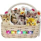 Miss Girlie Girl Musical Cat Birthday Pop-Up Card with LED Lights – 2 Happy Birthday Songs Meows & Violin – Cute Kittens in Flower Basket – Light Up 3D Greeting Card for Cat Lovers, Kids, Women, Friends