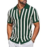 COOFANDY Men's Knit Shirts Short Sleeve Button Down Polo Shirt Striped Casual Summer Beach Shirts