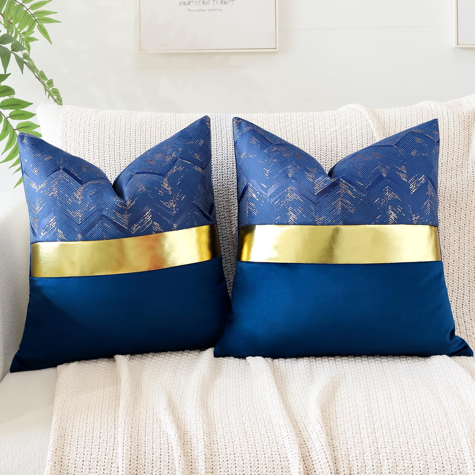 Artscope Set of 2 Velvet Cushion Covers for Bed Couch Sofa Car Decor Luxury Modern Minimalist Gold Leather Stitching Wavy Stripes Square Pillowcase Throw Pillow Covers 45x45cm Navy Blue