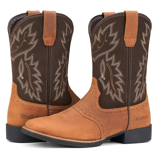 ROLLDA LEATHER COWBOY BOOTS FOR MEN WESTERN BOOTS SQUARE TOE CHUNKY HEEL MID-CALF BOOTS CLASSIC EMBROIDERED WITH PULL ON TABS BROWN SIZE 12
