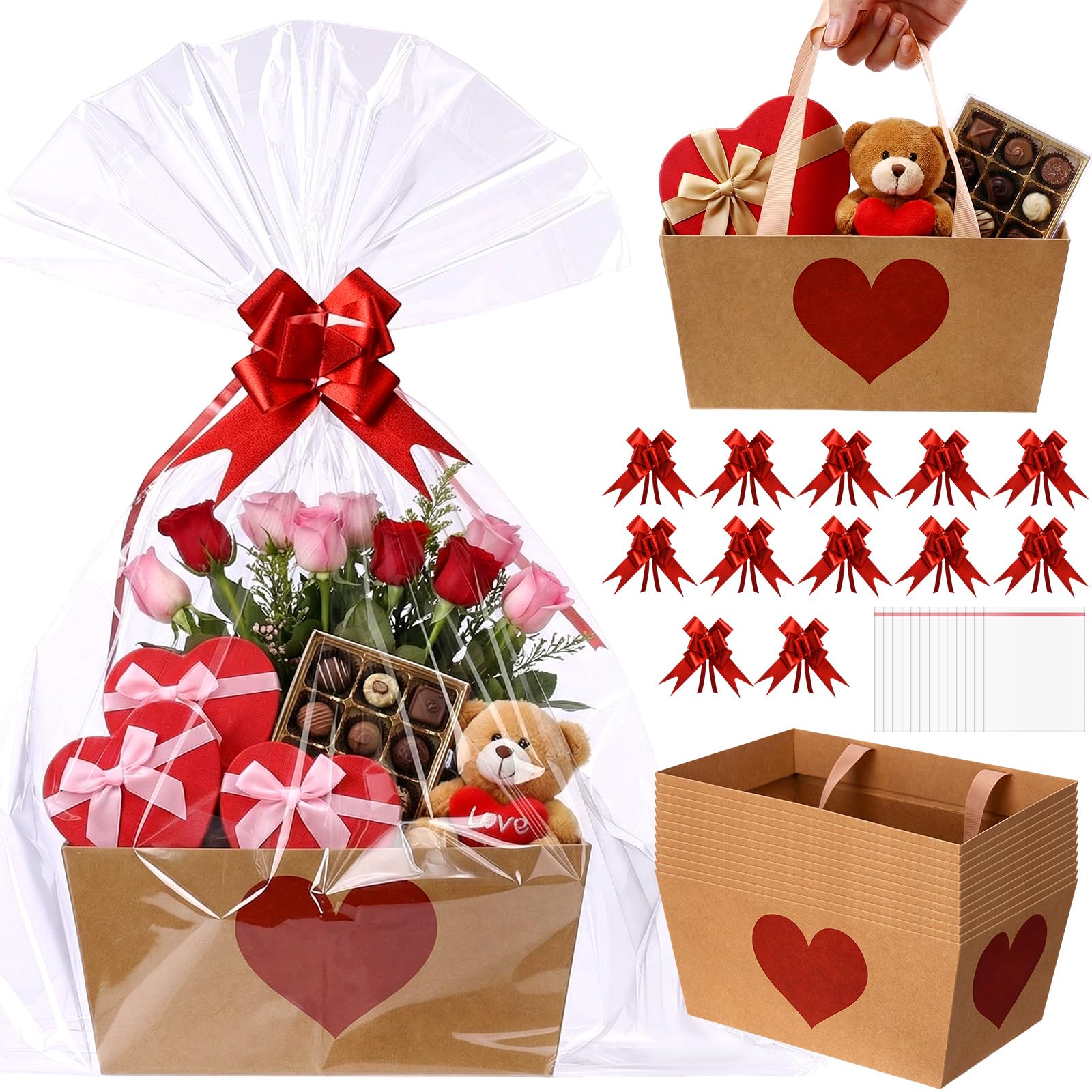 Photo 1 of Qinyoung 12 Pcs Red Heart Kraft Baskets for Gifts Empty Red Heart Gift Basket with Handles, Pull Bows, Cellophane Bags and Twist Ties for Spring Mother's Day Wedding Party Favor Supplies, 9.8 x 6.5''