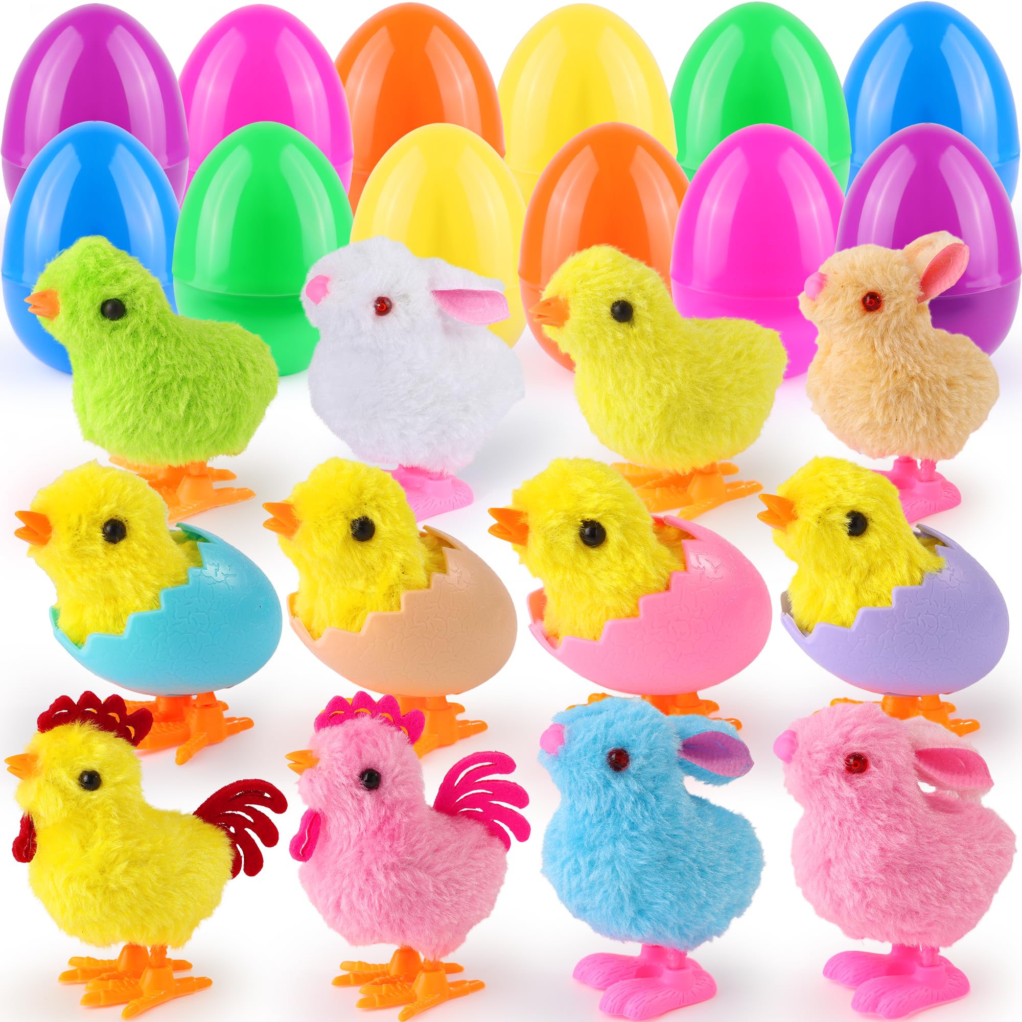 12 Pack Jumbo Easter Eggs Filled with Wind Up Toys Chicks Bunny Plush, Filled Easter Eggs with Toys Inside Easter Basket Stuffers Fillers Easter Egg Hunts Party Favor for Kids Boys Girls Toddler Teens