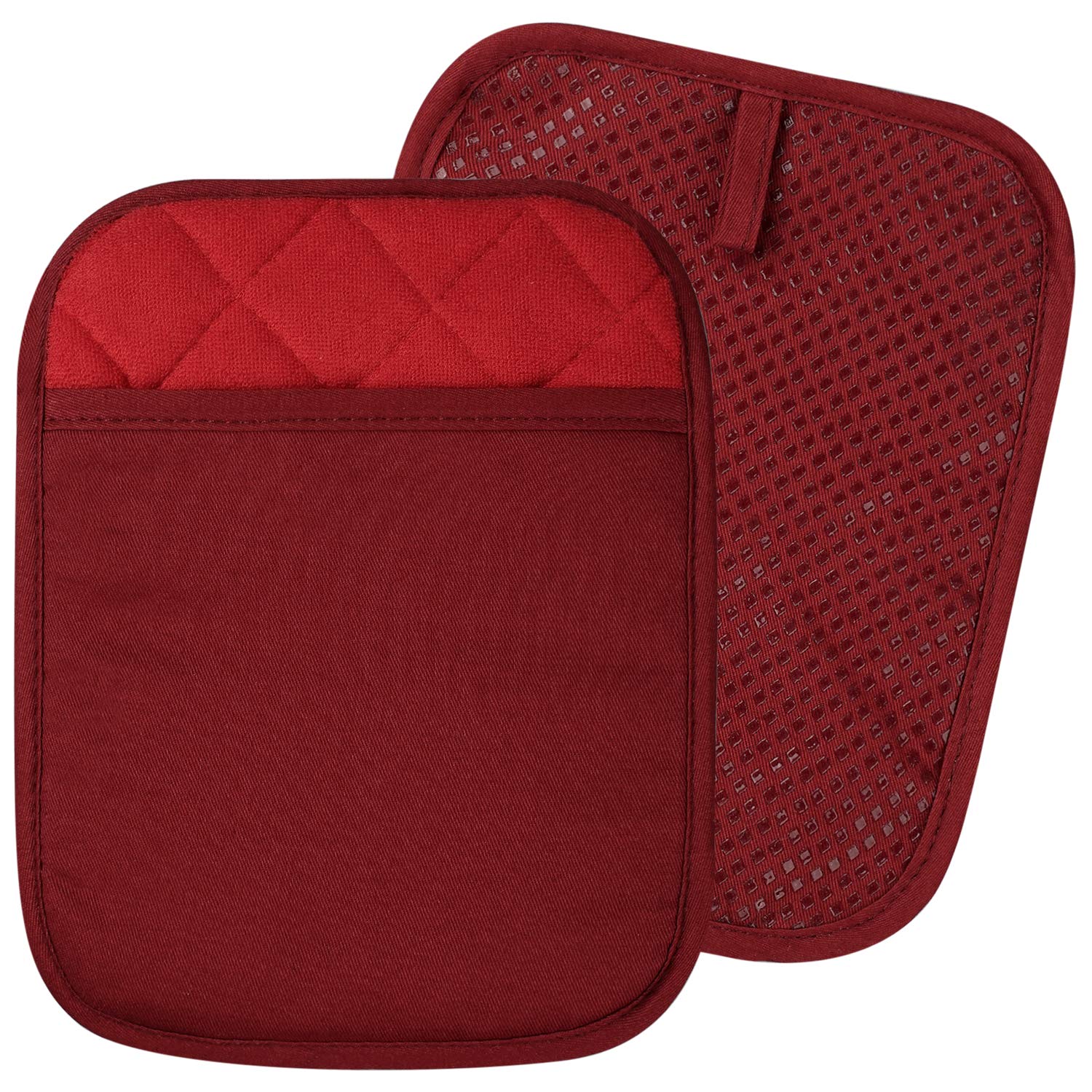 100% Cotton with Silicone Kitchen Everyday Basic Pot Holder Heat Resistant Coaster Potholder Oven Mitts with Pocket for Cooking and Baking Set of 2 Red