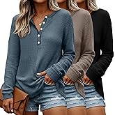 Velvelhall 3 Pack Women's Oversized Waffle Knit Shirts Long Sleeve Henley V Neck Tops Button up Loose Casual Pullover Sweater
