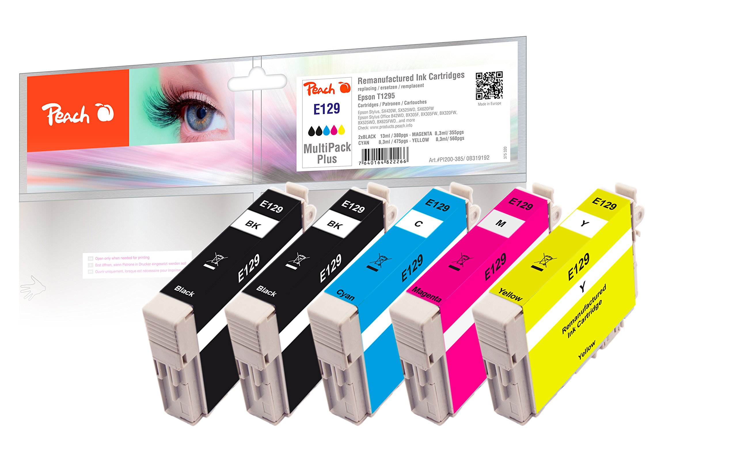 Peach E129 Printer Cartridges XL (2 x BK, C, M, Y) Replaces Epson T1295, T1291, C13T12954010 for e.g. Epson Stylus Office BX 305 F, Epson Stylus Office BX 635 FWD pson stylus SX 430 W