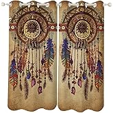 Vintage Dreamcatcher Curtains Decor, Native American Indian Ethnic Tribal Totem Feathers Gemstone Window Treatments, Retro Blackout Drapes for Kitchen Bedroom Teen Room, 42x45inch (2 Panels)