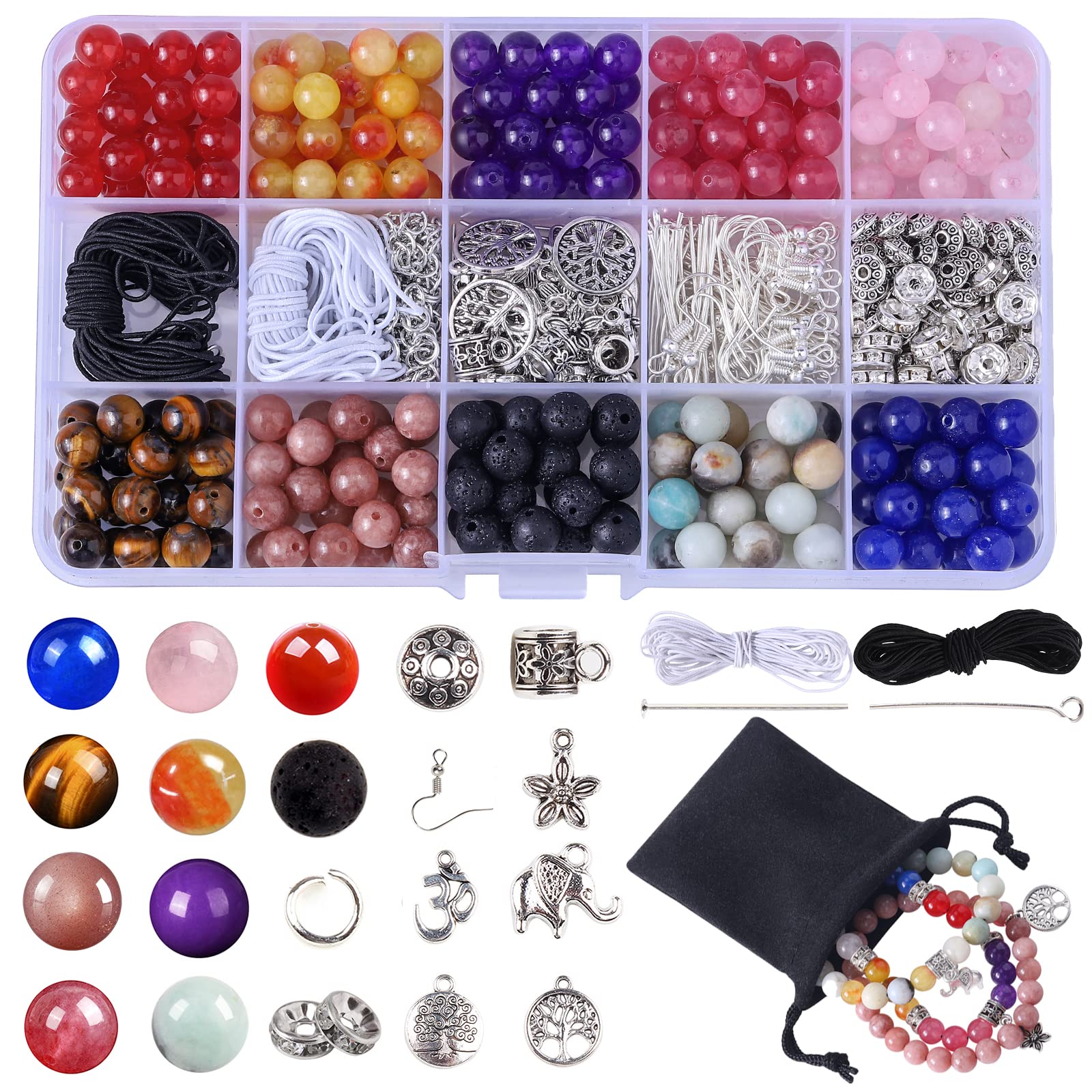 Nenjing 504pcs Chakra Beads Lava Bead,8mm Natural Semi Precious Stone Beads Kits Threading Loose Bracelet Bead Adult Craft Jewelry Bracelets Kits with Gift Bags