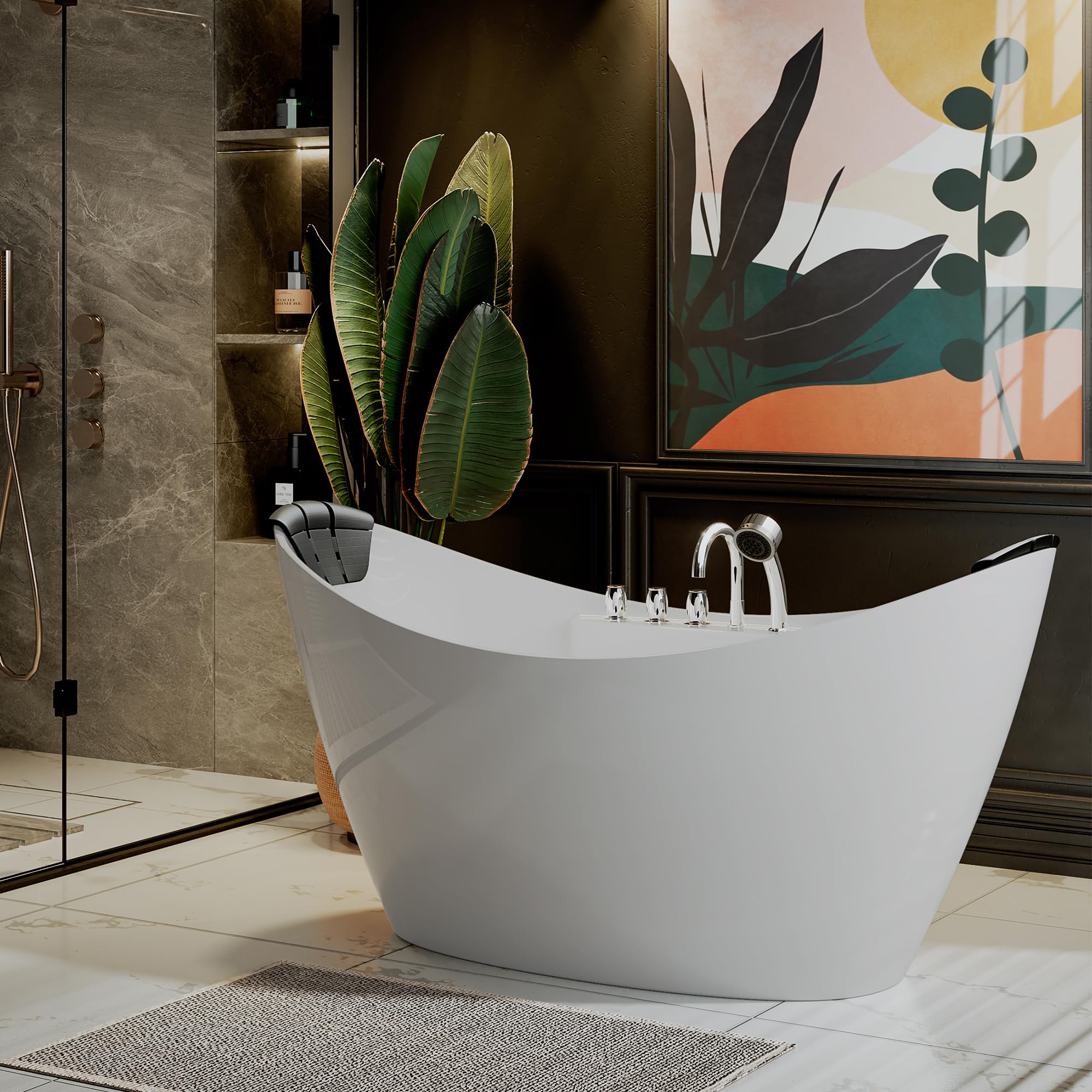 Photo 1 of Empava 59" x 28" Freestanding Whirlpool Tub with Center Drain,560W Stand Alone Bathtub with 8 Hydromassage Jets, Unique Boat-Shaped,Acrylic,ETL Certified