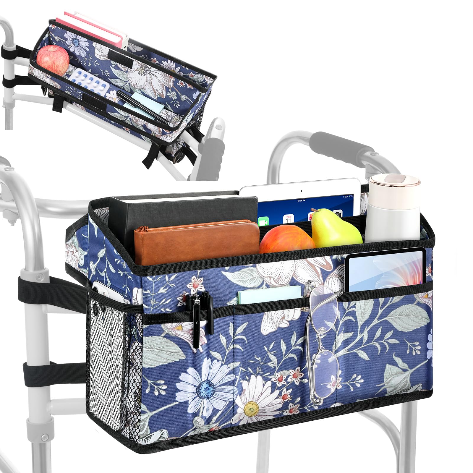 Rhino Valley Walker Basket for Folding Walker, Multi-Pocket Walker Tray with Cup Holder, Foldable Walker Bag, Large Storage Basket for Walker, Walker Accessories for Seniors