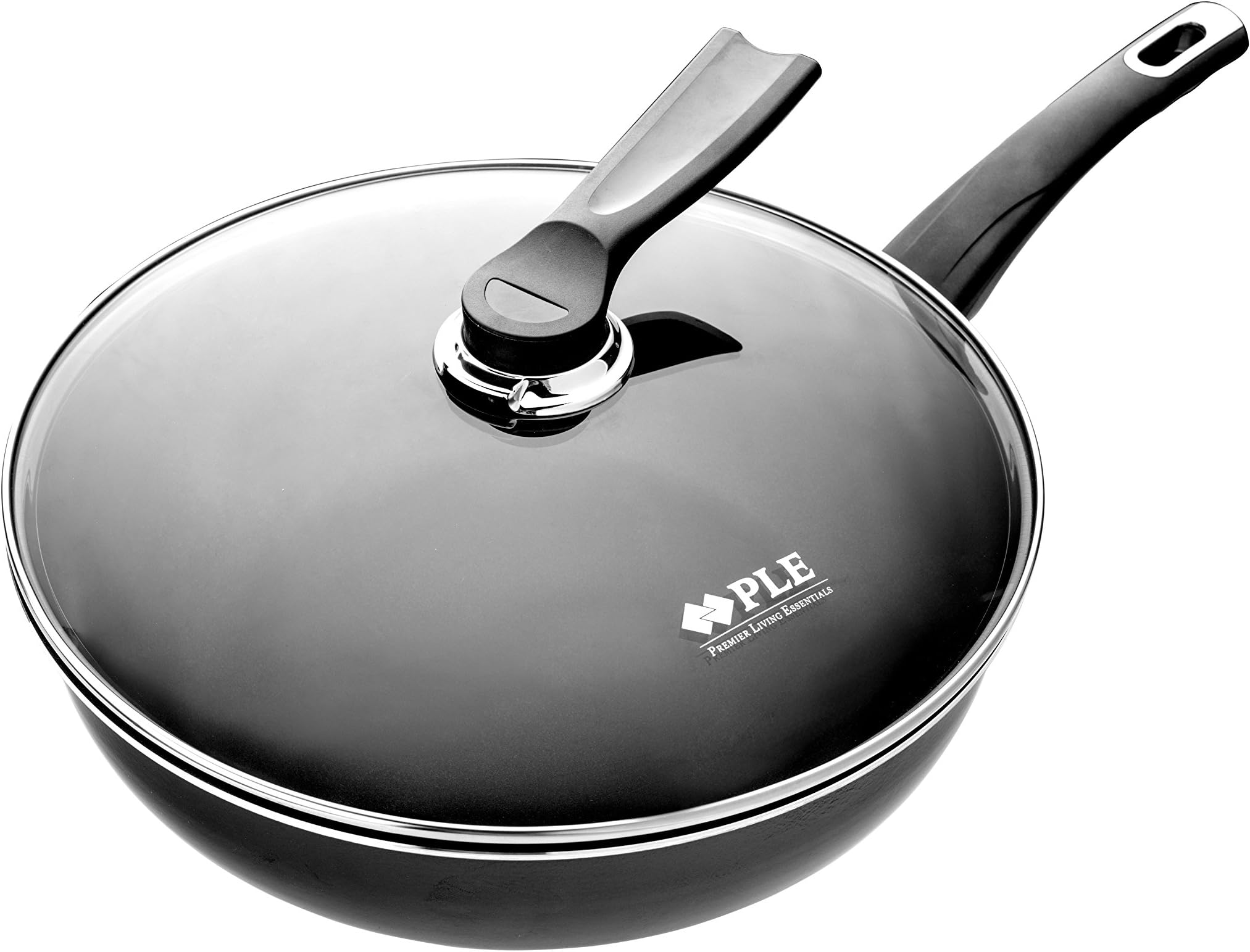 PLE IH Porcelain Titanium Diamond Non-Stick 6 Coatings Non Toxic Smokeless Wok & Fry Pan Cookware with Glass Lid (30cm Wok Pan)