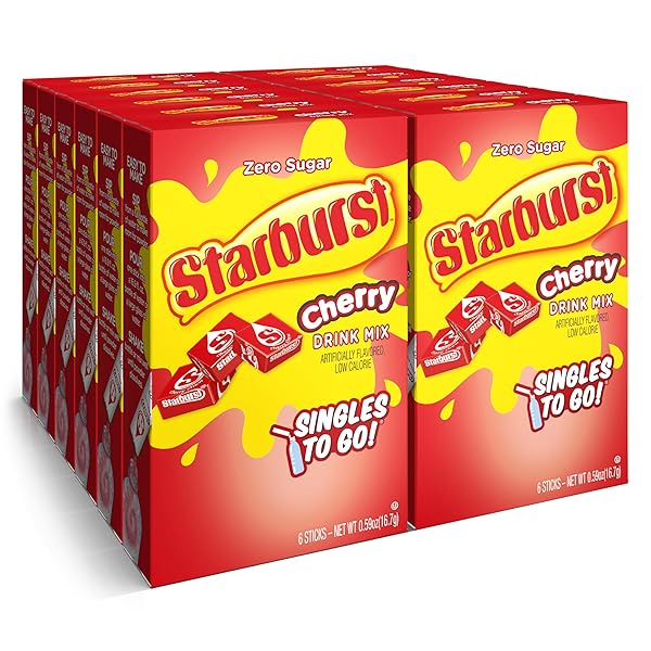 STARBURST SINGLES TO GO POWDERED DRINK MIX & JUST ADD WATER -12 BOXES WITH 6 PACKETS EACH 72 TOTAL SERVINGS (SUGAR FREE), CHERRY, 7.08 OZ
