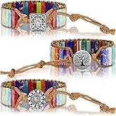 Hicarer 3 Pcs 7 Chakra Bracelets for Women Men Natural Stone Leather Wrap Healing Bead Bracelets Healing Stone Boho Friendship Jewelry Gifts