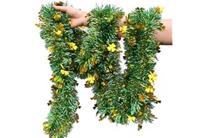 LKBBC St. Patrick Day Tinsel Garland, 33 FT Green Gold Fringe Garlands with Lucky Shamrock Clover Hanging Glitter Streamers for Irish Ireland Themed Party Home Decoration