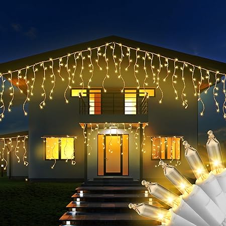 Recesky 100 Christmas Icicle Lights 7 7ft Warm White Curtain String Light For Outdoor Indoor Decor Clear Mini Bulb Lighting For Bedroom Window