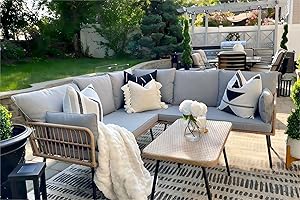 YITAHOME 4 Pieces Patio Furniture Set, Outdoor Wicker Conversation Sectional L-Shaped Sofa with 5 Seater for Backyard, Porch, Boho Detachable Lounger with Thickness Cushions and Side Table - Grey