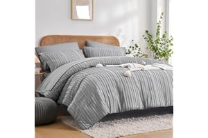 WURUIBO King Size Comforter Set,7 Pieces Bed in a Bag Grey Tufted Comforters King Size,Stripe Textured Soft Microfiber All Season Bedding Set(Grey,King)