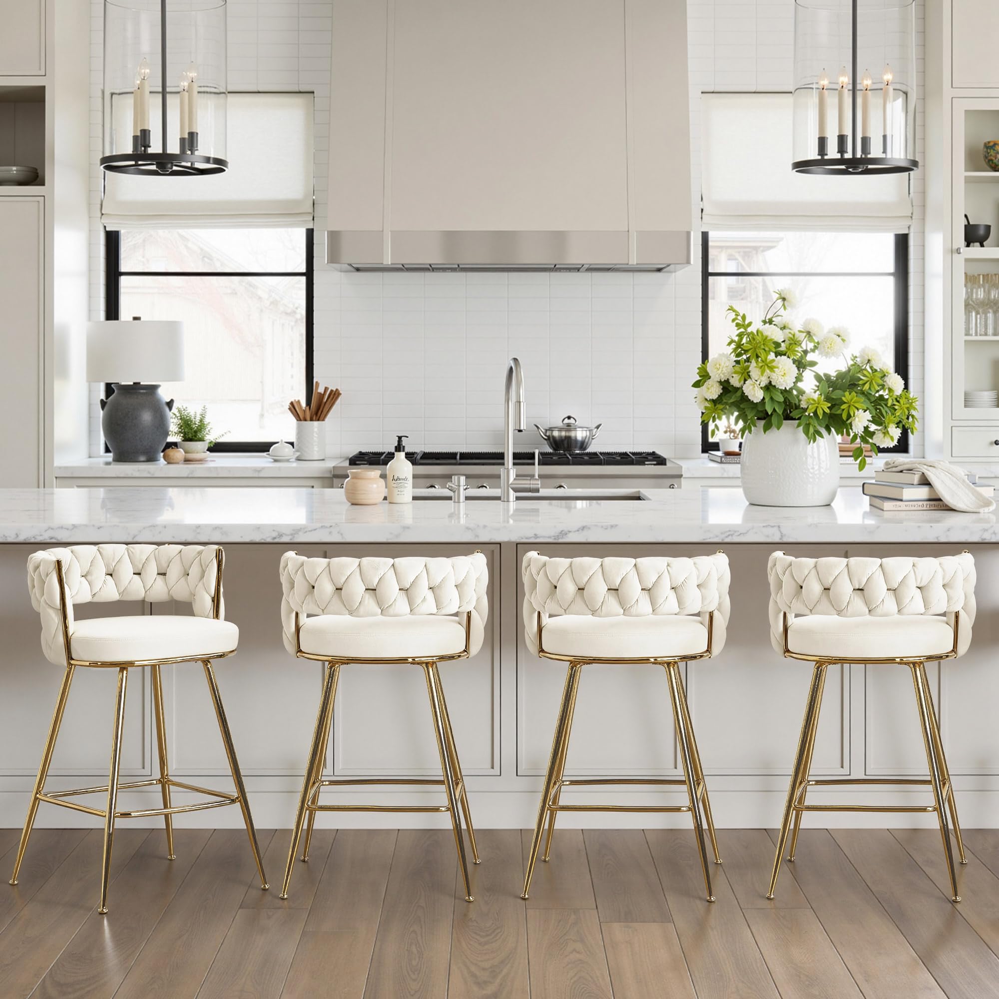 Photo 1 of ***Partial set only 2 seats*** VECELO Bar Stools Set of 4, Counter Height Bar Stools, 26 inch Seat Barstools with Woven Back and Footrest for Kitchen Island Counter, White