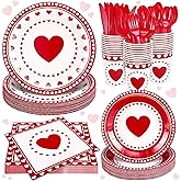 FYSUIMU 168 Pcs Valentine's Day Paper Tableware Set Red Love Heart Disposable Plates Napkins Cups and Cutlery for 24 Guest Wedding Engagement Anniversary Dinnerware Party Supplies