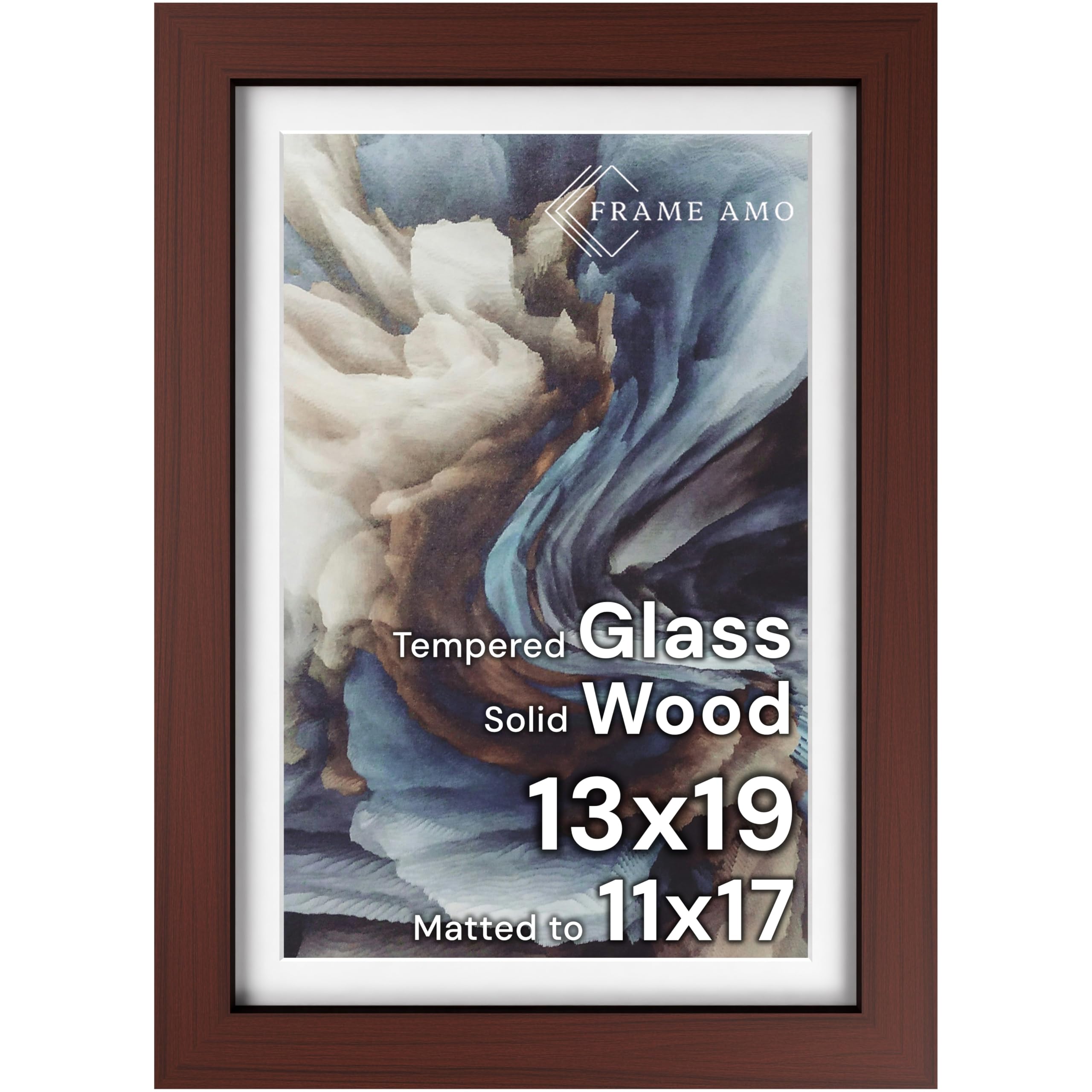 Frame Amo 13x19 Solid Wood Poster Frame Walnut Brown, White Mat for 11x17 Image, Tempered Glass Front, 1.5 inch Wide, 1 inch Thick, High-End, Heavy-Duty, Gallery Grade & Acid-Free Image