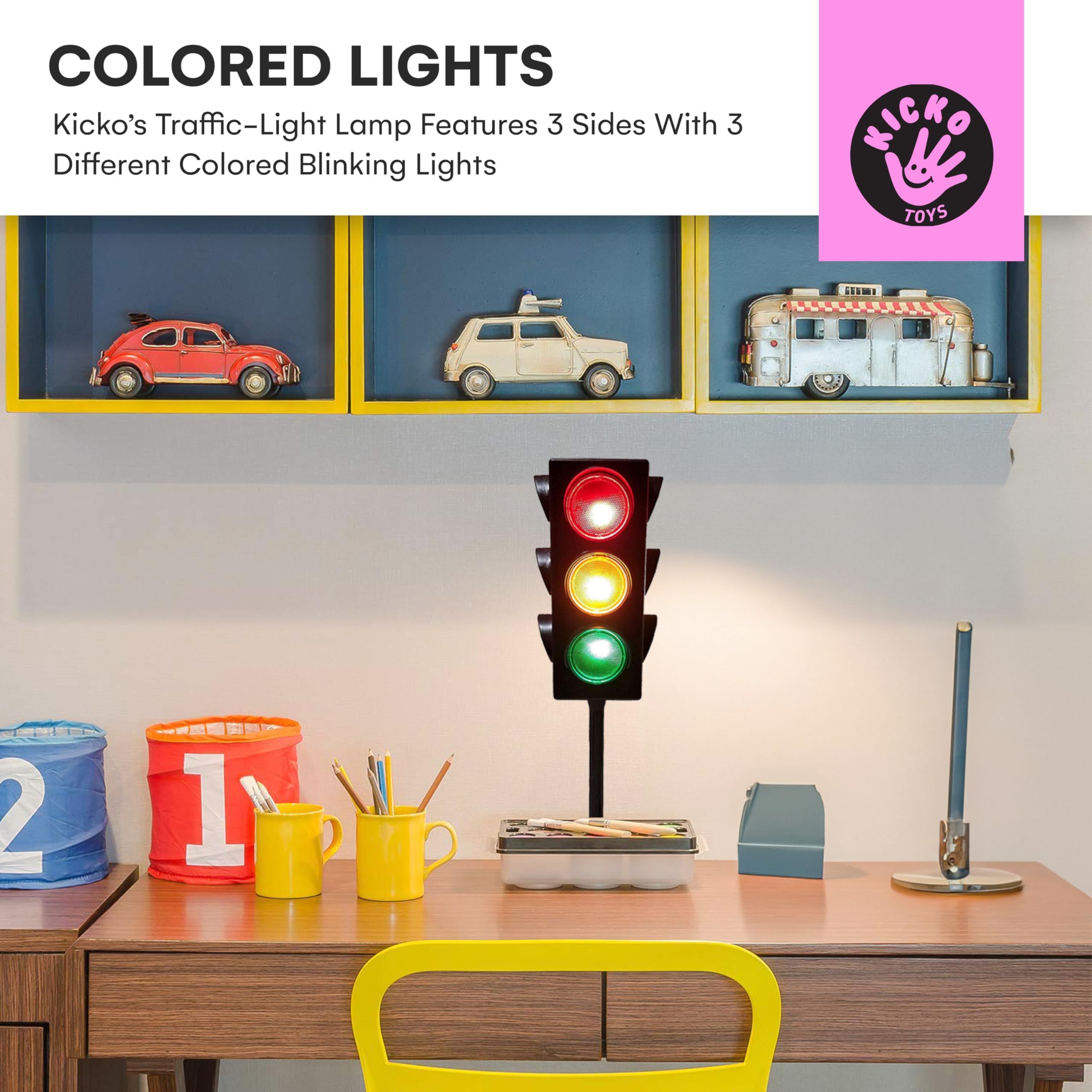 Kicko 11-Inch Traffic Lights Lamp with Base - 4-Mode Color Changing Stop Light Lamp for Kids’ Bedroom, Party Decoration or Playroom - Battery or USB Powered Mini Lighting - Ideal Traffic Light Decor