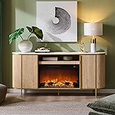 OKD Luxury 70" Fluted Fireplace TV Stand, Modern Chic Entertainment Center for TVs Up to 80 inches, TV Console with Faux Marble Top, Curved Profile Design, Media Console for Living Room, Natural Oak