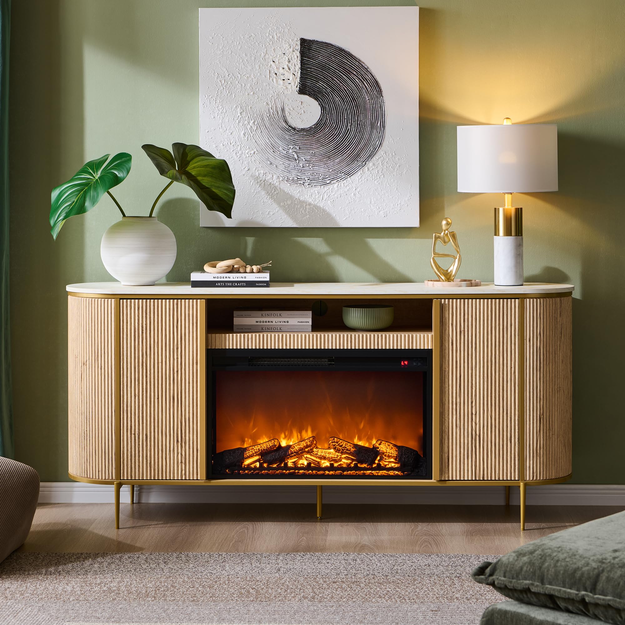 Photo 1 of *** TRUCK OR TRAILER PICK UP ONLY***
OKD Luxury 70" Fluted Fireplace TV Stand, Modern Chic Entertainment Center for TVs Up to 80 inches, TV Console with Faux Marble Top, Curved Profile Design, Media Console for Living Room, Natural Oak