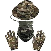 kolumb Boonie Hat with Gloves & Neck Gaiter, Men Women Camo Bucket Hats Wide Brim for Safari Military
