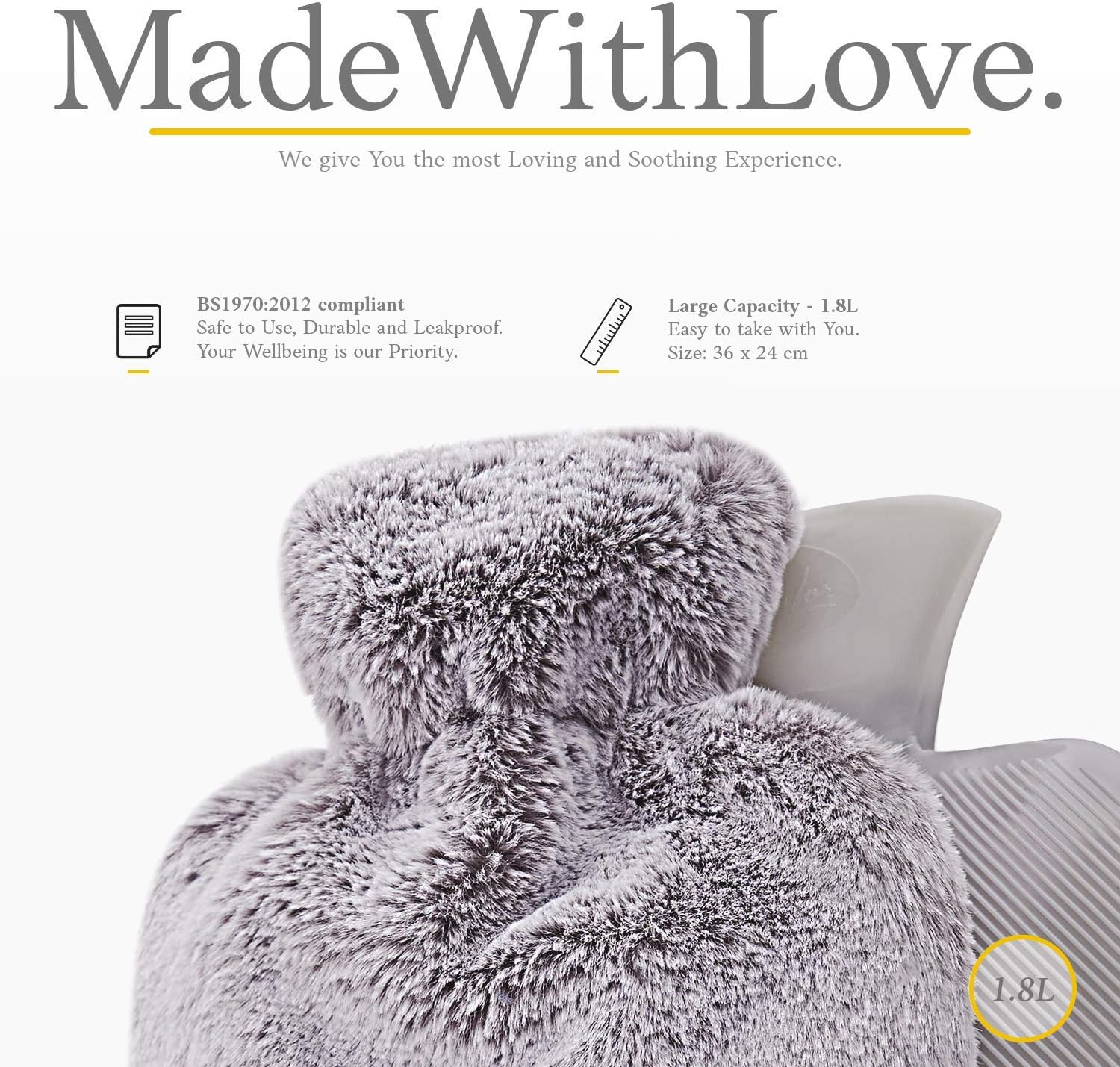 Hot Water Bottle, with Soft Premium Fleece Cover, Light Grey, 2L, Heating Pad for Menstrual Cramps and Period Comfort - Image 4