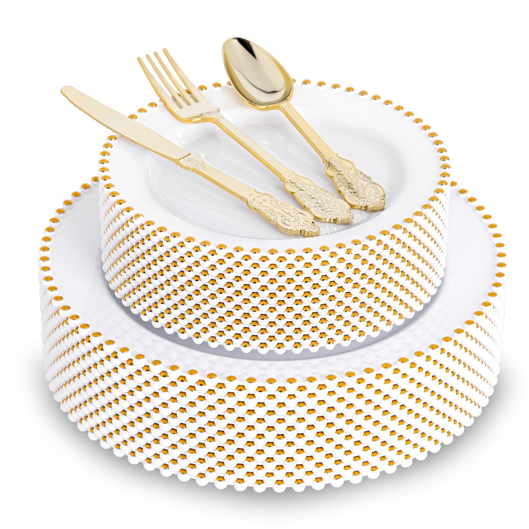 Photo 1 of HOMIP 75Pcs Gold Plastic Dinnerware Set - Pearl-Beaded Rim Plates & Baroque Forks, Spoons, Knives, Perfect for Elegant Wedding, Banquet & Party