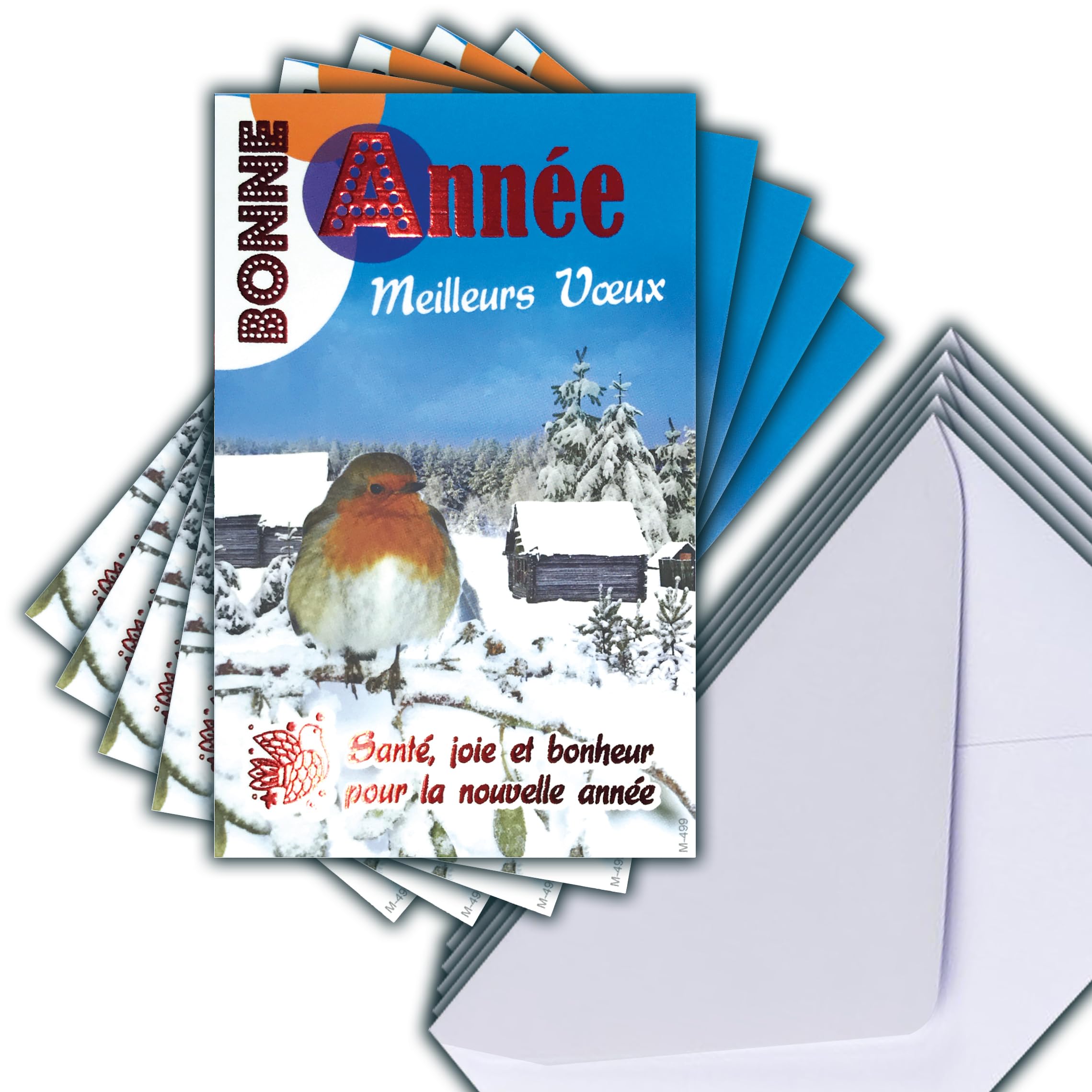 Set of 5 Glossy Red Happy New Year Cards + 5 White Envelopes Size 14 x 9 cm – Health Joy Happiness Bird Robin Dove of Peace Cottage Forest Fir Landscape Under Snow Parties