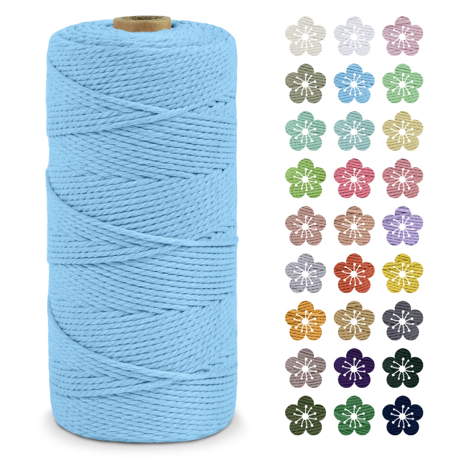 LEREATI Macrame Cord 2mm x 200m, Thick Macrame Rope Natural Cotton Rope Craft String, 3 Strand Twisted Cotton Cord Yarn for DIY Plant Hanger, Wall Hanging, Christmas Decoration (Sky Blue)