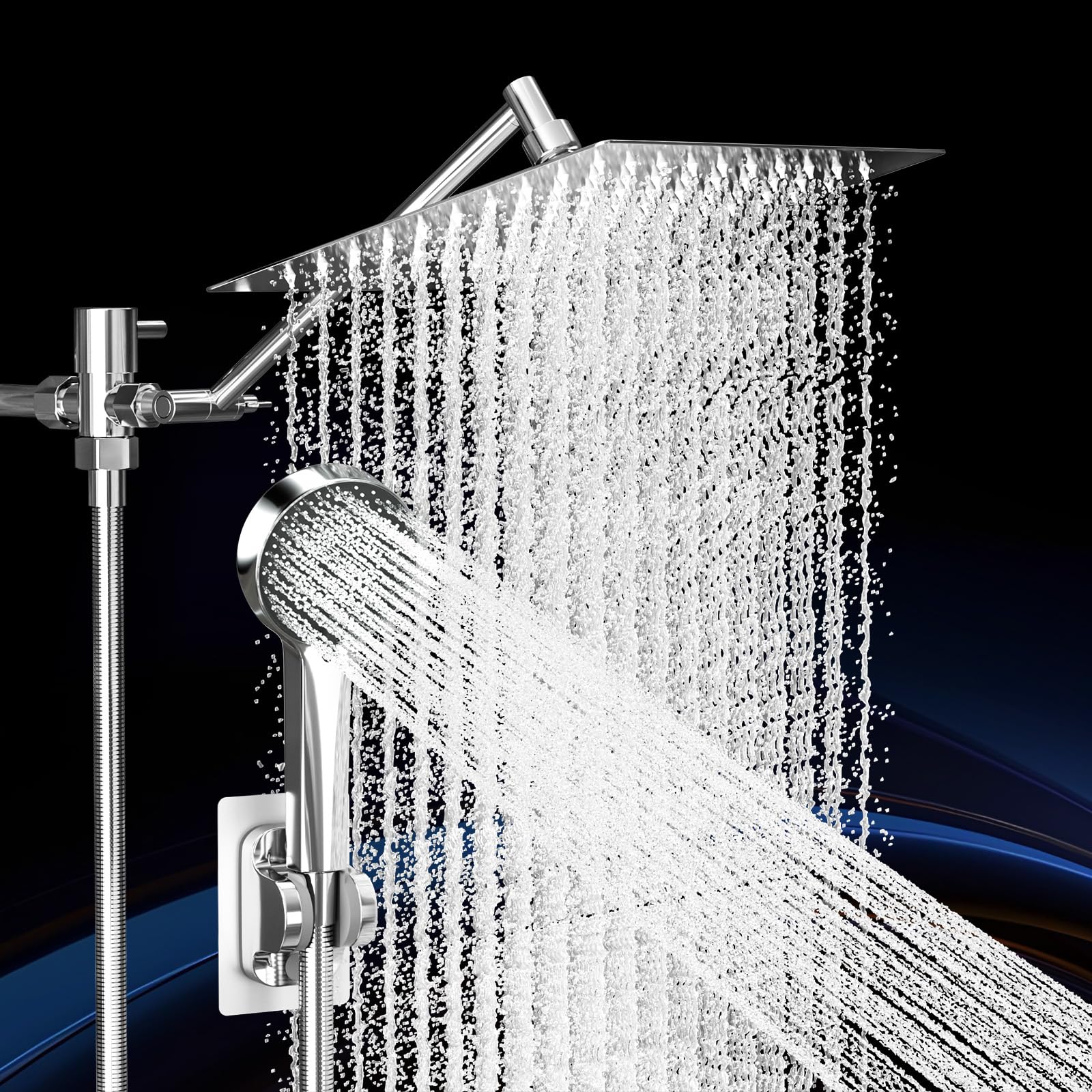 Shower Head, Rain Shower Head with Handheld Spray Combo, 10 Inch Adjustable High Pressure Rainfall Shower Head, Dual Showerhead Set with Extension Arm and 60 Inch Long Shower Hose (Silver)