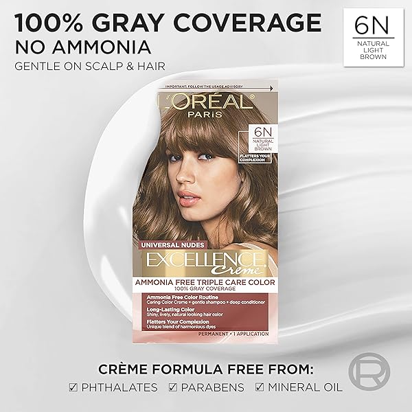 L’OREAL PARIS EXCELLENCE UNIVERSAL NUDES PERMANENT HAIR COLOR, AMMONIA FREE HAIR DYE FOR GRAY HAIR COVERAGE, 6N NATURAL LIGHT BROWN, 1 HAIR DYE KIT